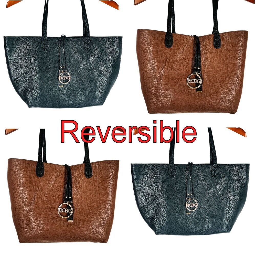 BCBG Reversible Tote Bag Textured Faux Leather Black Brown Gold Logo Charm
